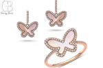 18kt rose gold pink mother of pearl and diamond butterfly ring and earring set