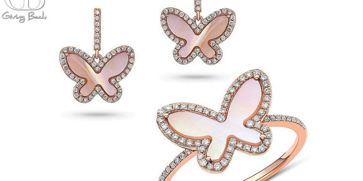 18kt rose gold pink mother of pearl and diamond butterfly ring and earring set