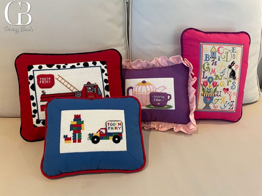 needlepointing tooth fairy pillows