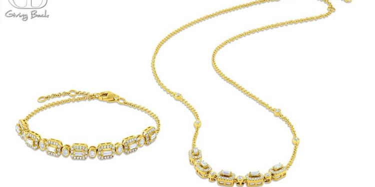 18k yellow gold diamond rectangular bracelet and necklace