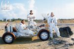 Charlie duke john young and ken mattingly pose with a lunar rover at the kennedy space center
