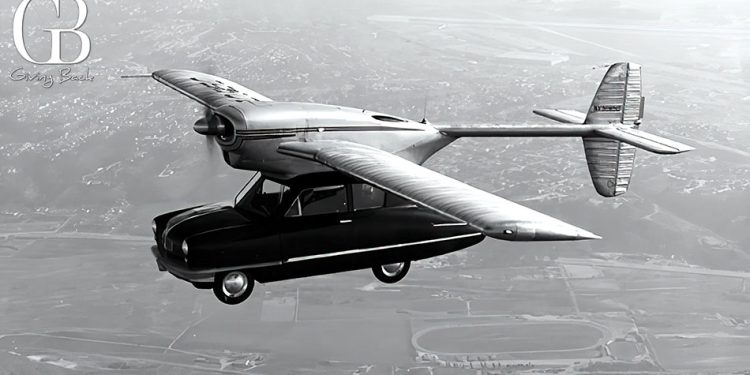 A san diego effort by local aerospace engineers resulted in this flying car in the late 1940s seen as it flew over mission valley