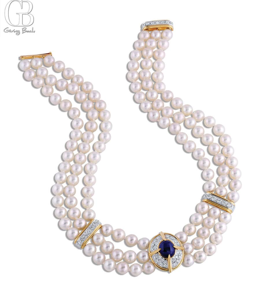 Estate Van Cleef Arpels Platinum and 18k Yellow Gold Sapphire and Pearl Necklace