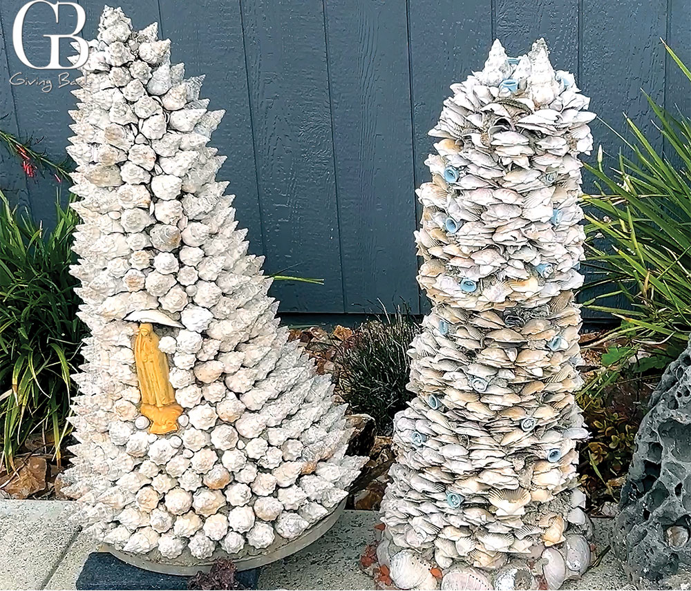 Two of Frank Mendes shell creations are displayed outside Tunaville in Point Loma