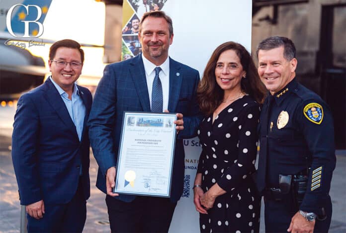 Dr Mark Milliron with Councilmember Kent Lee , City Attorney MAra Elliot, and Chief of Police Scott Wahl