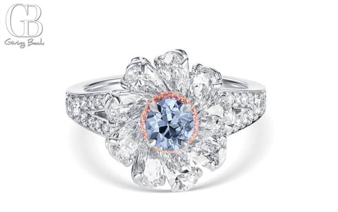 Platinum 18K Rose Gold Fancy Blue Diamond Flower Ring