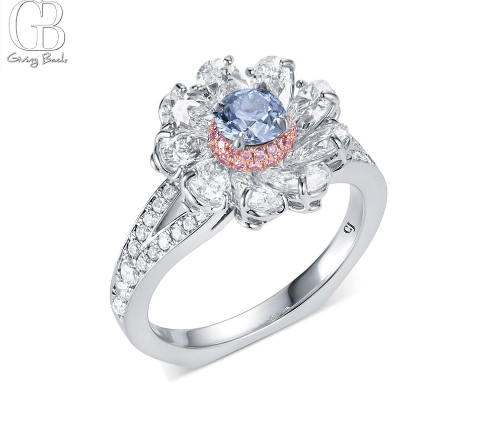 Platinum  18K Rose Gold Fancy Blue Diamond Flower Ring