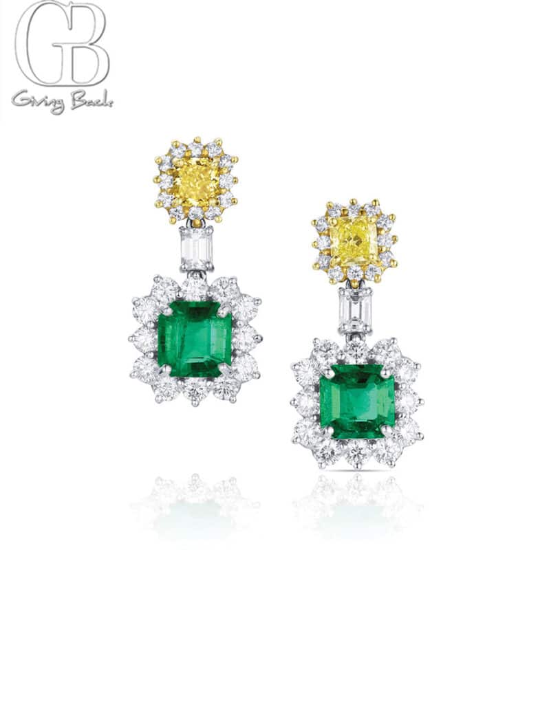 Platinum  18KT Yellow Gold Emerald and Diamond Drop Earrings