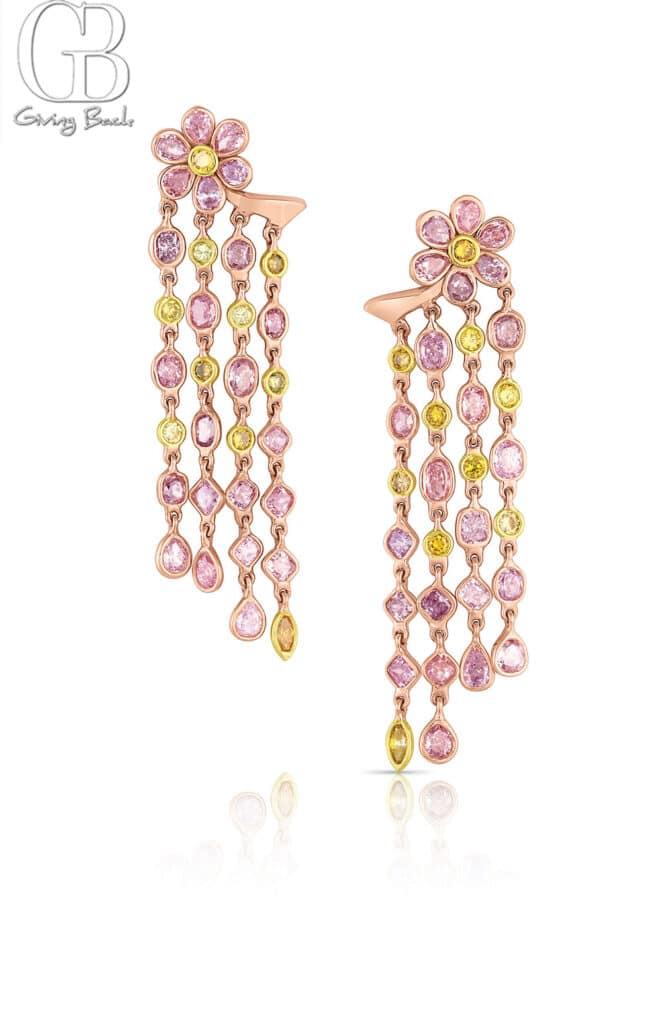 Rivière 18k Rose Gold Pink and Yellow Diamond Flower Drop Earrings