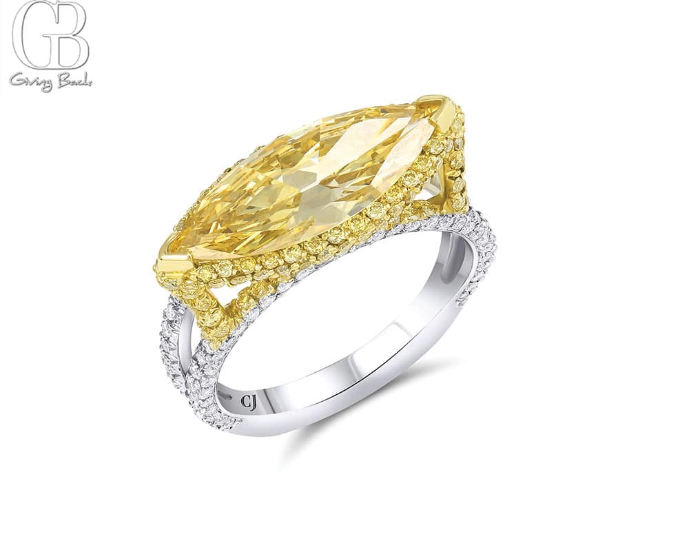 Rivière 18k Yellow Gold Platinum 2ct Fancy Intense Yellow Marquise Diamond Ring GIA Certified